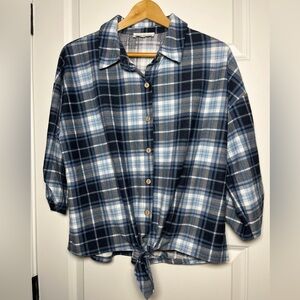 Blue Blouse Plaid Button-Up Tie-Front Shirt Size XL